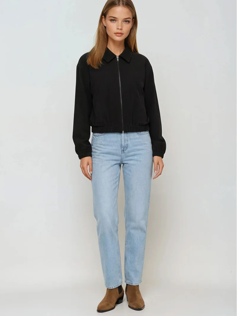MixRay Black MIXRAY Relaxed Fit Zipper Jacket with Pockets for Women | Best Price UAE